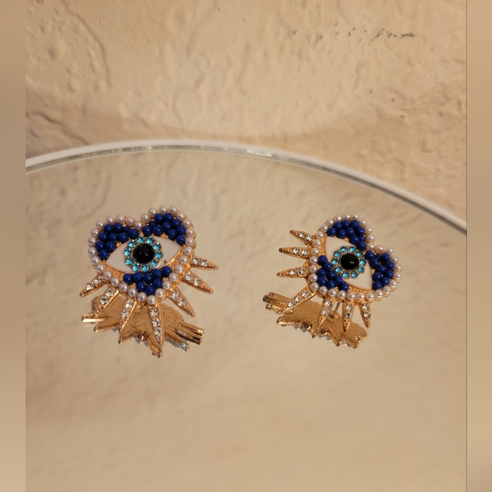 Elegant Evil Eye Earrings with Blue and Gold Accents